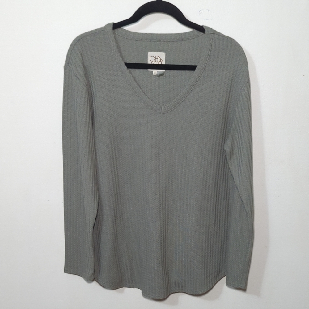 Chaser Waffle Knit Thermal Top Green Long Sleeve V-Neck Women's Size XL